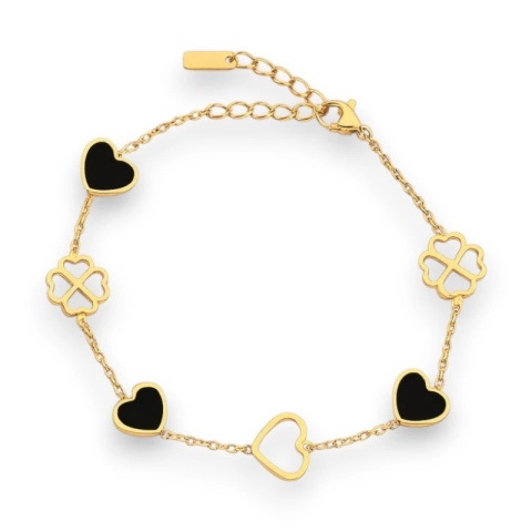 Bransoletka na rękę stal chirurgiczna pozłacana 14k złotem SERCA, Koniczynki BST1551