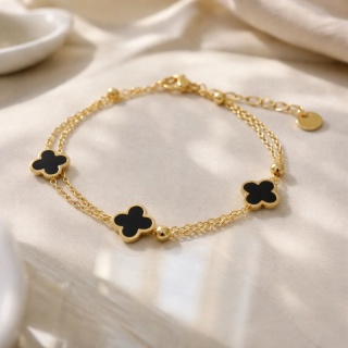 Bransoletka na rękę stal chirurgiczna pozłacana 14k złotem podwójna, koniczynki BST1571