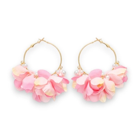 Kolczyki wiszące KOŁA, efektowne tiulowe, różowe kwiaty, perełki K1732