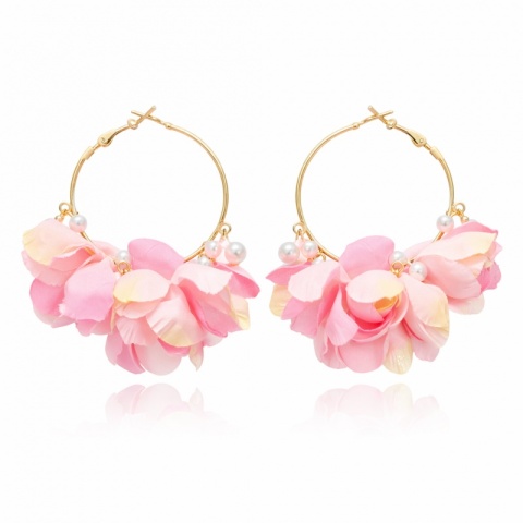 Kolczyki wiszące KOŁA, efektowne tiulowe, różowe kwiaty, perełki K1732