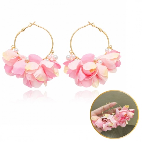 Kolczyki wiszące KOŁA, efektowne tiulowe, różowe kwiaty, perełki K1732