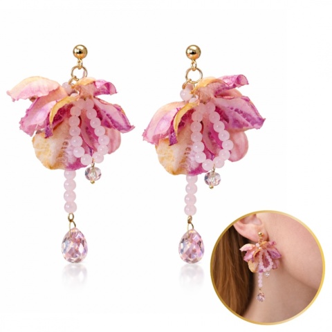 Kolczyki wiszące, efektowne tiulowe różowe z kryształkami, sztyft K1730