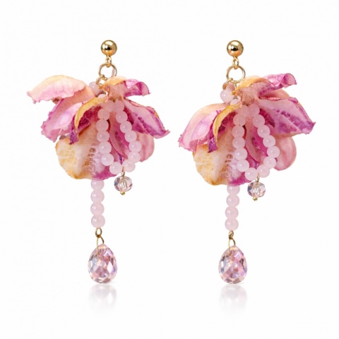 Kolczyki wiszące, efektowne tiulowe różowe z kryształkami, sztyft K1730