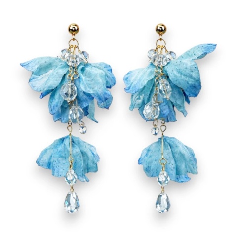 Kolczyki wiszące, efektowne tiulowe z kryształkami, niebieskie ombre sztyft K1729