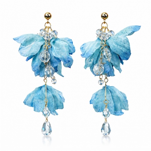 Kolczyki wiszące, efektowne tiulowe z kryształkami, niebieskie ombre sztyft K1729