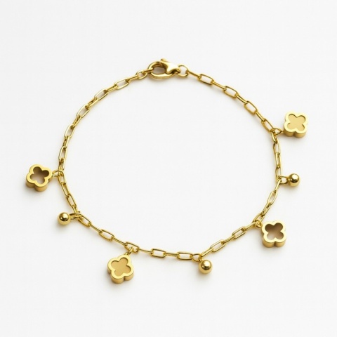 Bransoletka na rękę stal chirurgiczna pozłacana 14k złotem, koniczynka