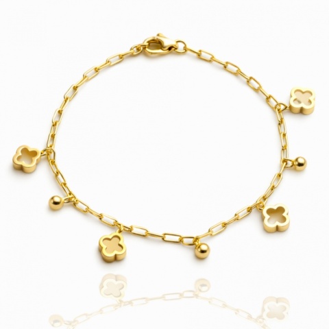 Bransoletka na rękę stal chirurgiczna pozłacana 14k złotem, koniczynka