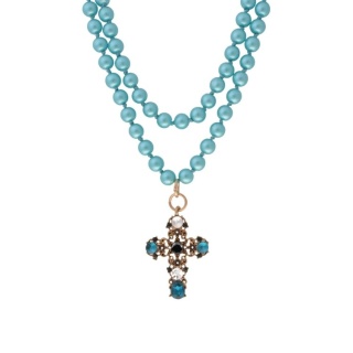 Naszyjnik- korale kolor turkusowy z krzyżem 24
