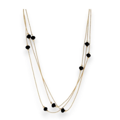 Pozłacany Naszyjnik z Trzema Łańcuszkami i Czarnymi Koralikami – Stal Szlachetna