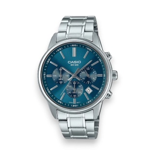 Zegarek Męski CASIO MTP-E515D-2A1 – Stalowa Bransoleta, Niebieska Tarcza, Chronograf