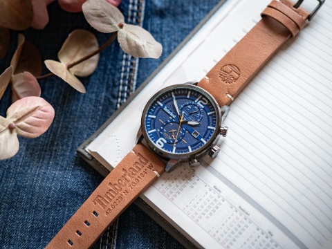 Zegarek Męski Timberland TDWGF2182301 – Granatowa Tarcza, Brązowy Pasek i Funkcja Dual Time