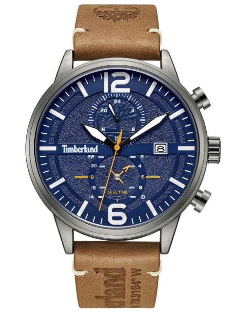 Zegarek Męski Timberland TDWGF2182301 – Granatowa Tarcza, Brązowy Pasek i Funkcja Dual Time