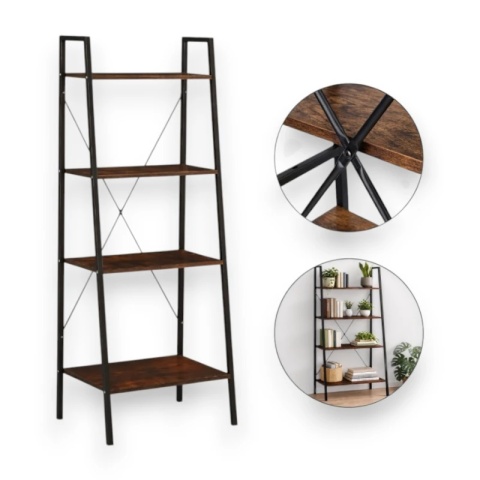 Loftowy regał 4-poziomowy SZ51BR – czarny z brązowym blatem (60x35x147 cm)