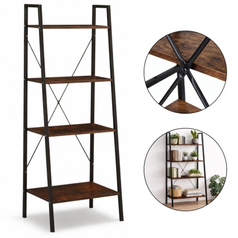 Loftowy regał 4-poziomowy SZ51BR – czarny z brązowym blatem (60x35x147 cm)