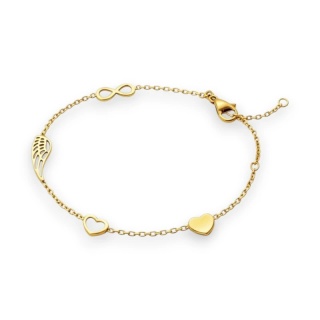 Bransoletka na rękę stal chirurgiczna pozłacana 14k złotem Celebrytka, skrzydełko, serca