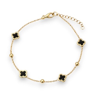 Bransoletka na rękę stal chirurgiczna pozłacana 14k złotem, koniczynki czarne BST1598