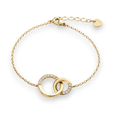 Bransoletka na rękę stal chirurgiczna pozłacana 14k złotem zaplecione kółka, cyrkonie