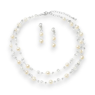 Delikatny zestaw ślubny z perłami i kryształkami, naszyjnik oraz kolczyki N1073