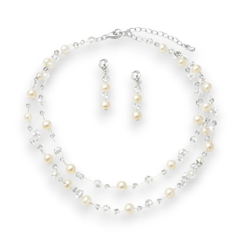 Delikatny zestaw ślubny z perłami i kryształkami, naszyjnik oraz kolczyki N1073