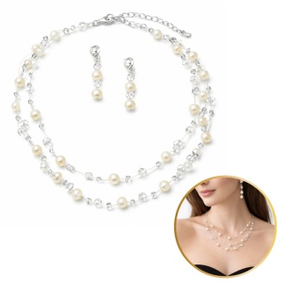 Delikatny zestaw ślubny z perłami i kryształkami, naszyjnik oraz kolczyki N1073