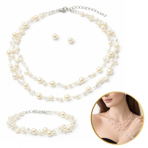 Delikatny zestaw ślubny z perłami, naszyjnik, bransoletka, kolczyki N1074