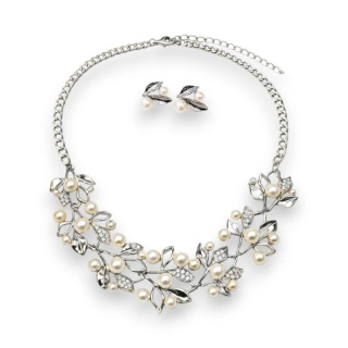 Elegancki Zestaw Biżuterii Naszyjnik + kolczyki z Perłami i Kryształami, Listki srebrne N1072