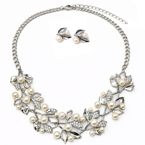 Elegancki Zestaw Biżuterii Naszyjnik + kolczyki z Perłami i Kryształami, Listki srebrne N1072