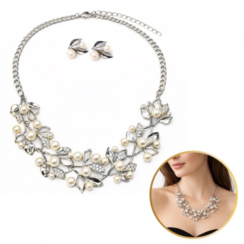 Elegancki Zestaw Biżuterii Naszyjnik + kolczyki z Perłami i Kryształami, Listki srebrne N1072