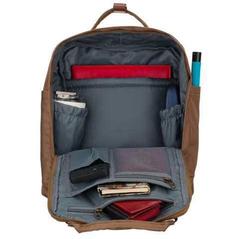 Plecak damski z poliestru i skóry ekologicznej w brązowym kolorze, jednokomorowy - Peterson