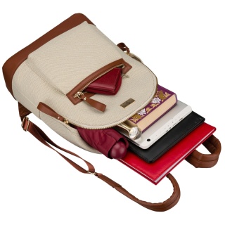 Płócienny plecak damski w beżowo-brązowym kolorze z kieszenią zewnętrzną - Rovicky