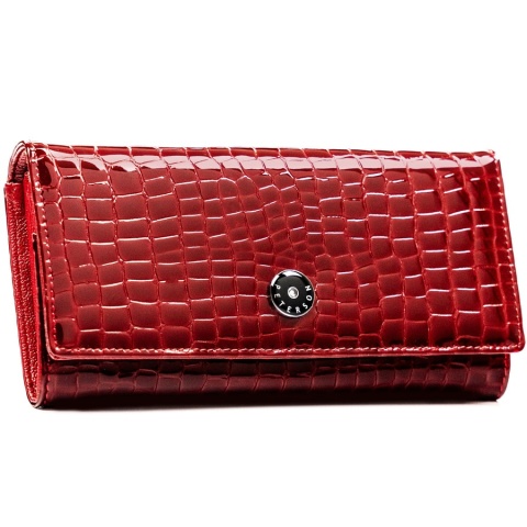 Czerwony, duży portfel damski ze skóry naturalnej z tłoczeniem na wzór skóry krokodyla - Peterson