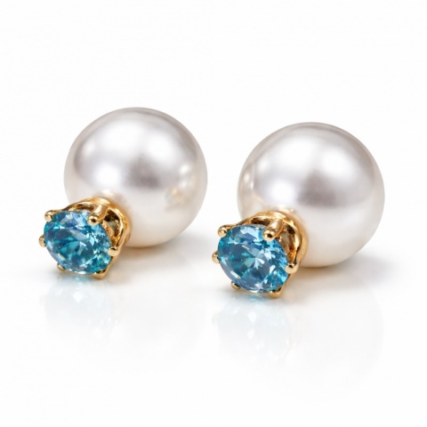 Kolczyki Kule Triball Perłowe z niebieskim Kryształem K70N