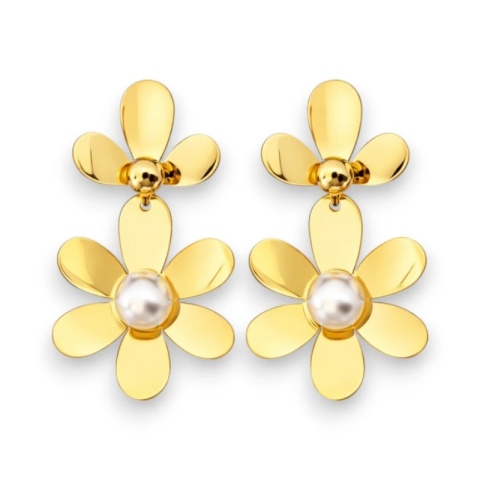 Kolczyki ze stali szlachetnej platerowane 14k złotem KWIATY perły KST3381