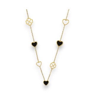 Naszyjnik stal szlachetna pozłacana 14k złotem, SERCA czarne i koniczynki