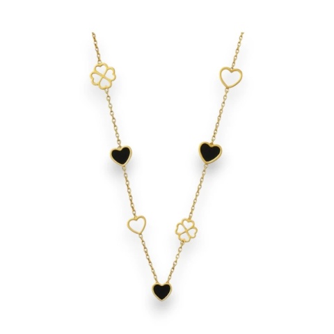 Naszyjnik stal szlachetna pozłacana 14k złotem, SERCA czarne i koniczynki