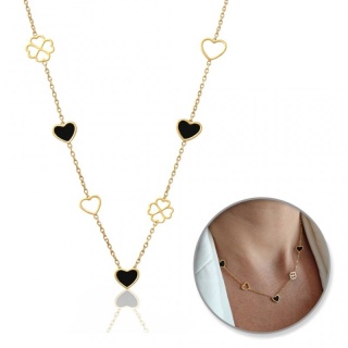 Naszyjnik stal szlachetna pozłacana 14k złotem, SERCA czarne i koniczynki