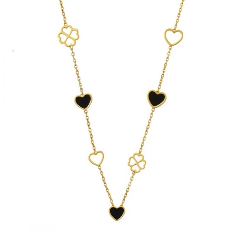 Naszyjnik stal szlachetna pozłacana 14k złotem, SERCA czarne i koniczynki
