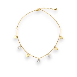 Naszyjnik stal szlachetna pozłacana 14k złotem, celebrytka SERCA cyrkonie NST2237