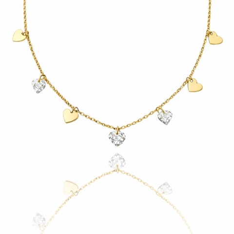 Naszyjnik stal szlachetna pozłacana 14k złotem, celebrytka SERCA cyrkonie NST2237