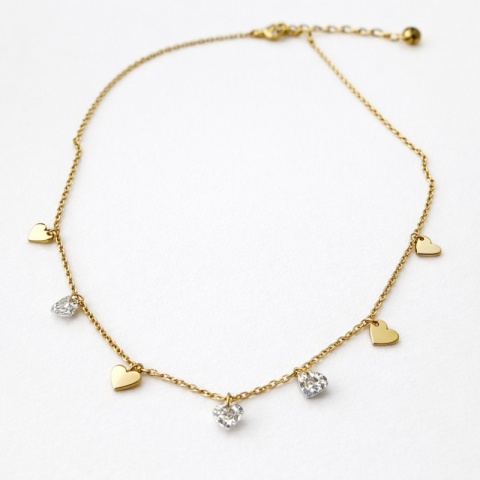 Naszyjnik stal szlachetna pozłacana 14k złotem, celebrytka SERCA cyrkonie NST2237