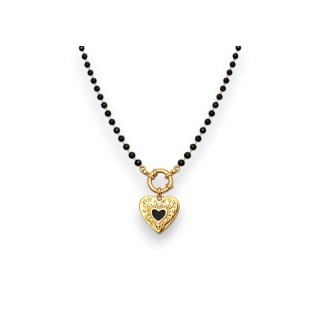 Naszyjnik stal szlachetna pozłacana 14k złotem, czarne koraliki, SERCE w sercu NST2247