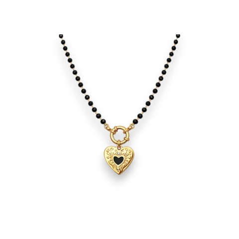Naszyjnik stal szlachetna pozłacana 14k złotem, czarne koraliki, SERCE w sercu NST2247