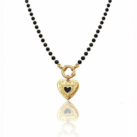 Naszyjnik stal szlachetna pozłacana 14k złotem, czarne koraliki, SERCE w sercu NST2247