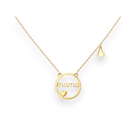 Naszyjnik stal szlachetna pozłacana 14k złotem, kółko, napis MAMA z sercem NST2246
