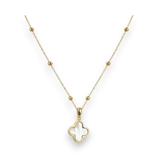 Naszyjnik stal szlachetna pozłacana 14k złotem, koniczynka, masa perłowa NST2187