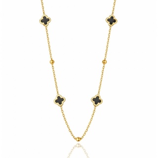 Naszyjnik stal szlachetna pozłacana 14k złotem, koniczynki czarne NST2251