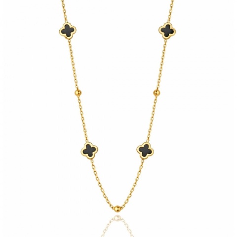 Naszyjnik stal szlachetna pozłacana 14k złotem, koniczynki czarne NST2251