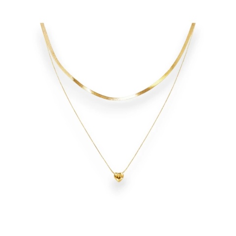Podwójny naszyjnik żmijka, SERCE stal chirurgiczna pozłacana 14k gold NST2137