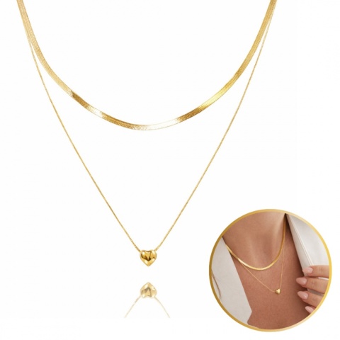 Podwójny naszyjnik żmijka, SERCE stal chirurgiczna pozłacana 14k gold NST2137