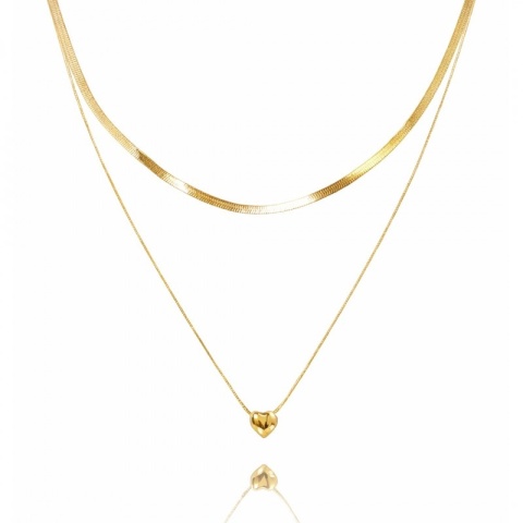 Podwójny naszyjnik żmijka, SERCE stal chirurgiczna pozłacana 14k gold NST2137